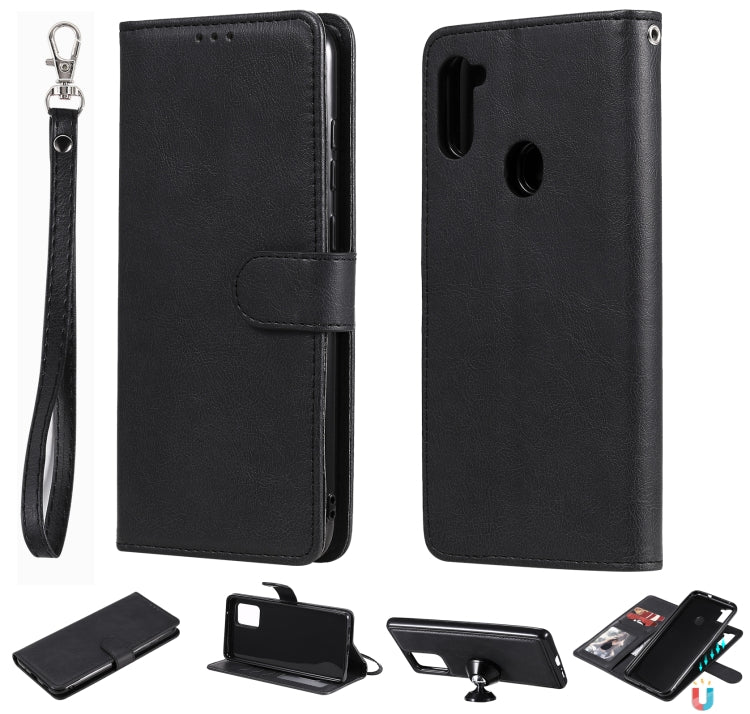 For Samsung Galaxy M11 / A11 2 in 1 Solid Color Detachable PU Leather Case with Card Slots & Magnetic Holder & Photo Frame & Wallet & Strap