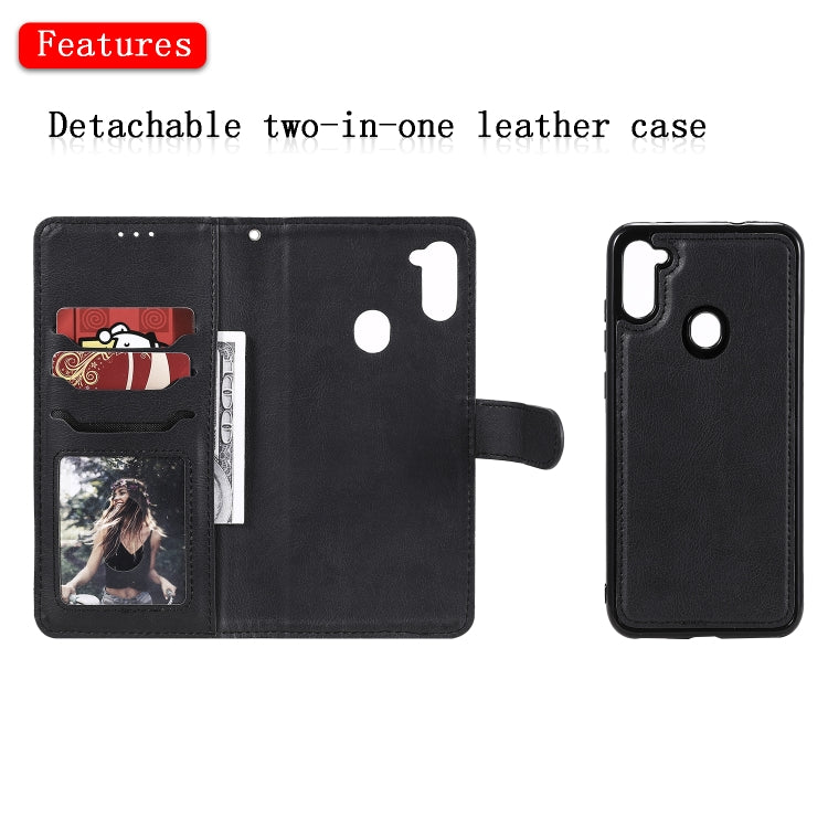 For Samsung Galaxy M11 / A11 2 in 1 Solid Color Detachable PU Leather Case with Card Slots & Magnetic Holder & Photo Frame & Wallet & Strap