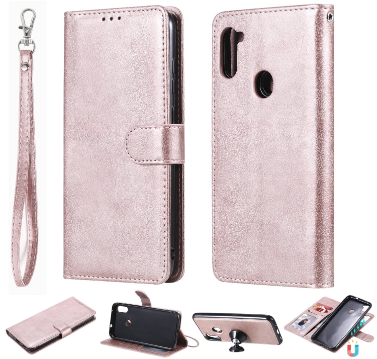 For Samsung Galaxy M11 / A11 2 in 1 Solid Color Detachable PU Leather Case with Card Slots & Magnetic Holder & Photo Frame & Wallet & Strap