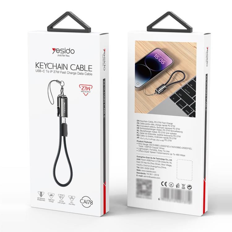 Yesido CA178 Portable Strip PD27W Type-C to 8 Pin Zinc Alloy Data Cable, Length: 20cm - Black