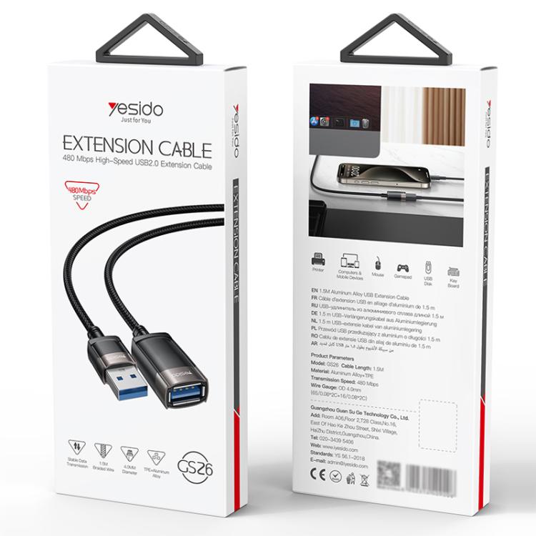 Yesido GS26 480Mbps High Speed USB2.0 Extension Cable, Length: 1.5m - Black