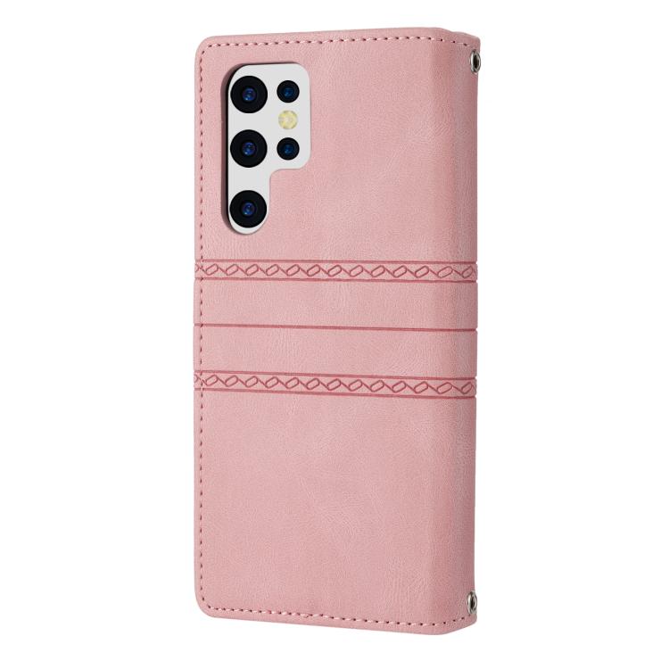 For Samsung Galaxy S26 Ultra 5G Embossed Stripes Skin Feel Leather Phone Case