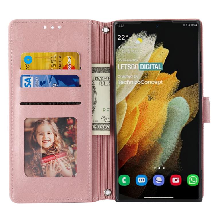 For Samsung Galaxy S26 Ultra 5G Embossed Stripes Skin Feel Leather Phone Case
