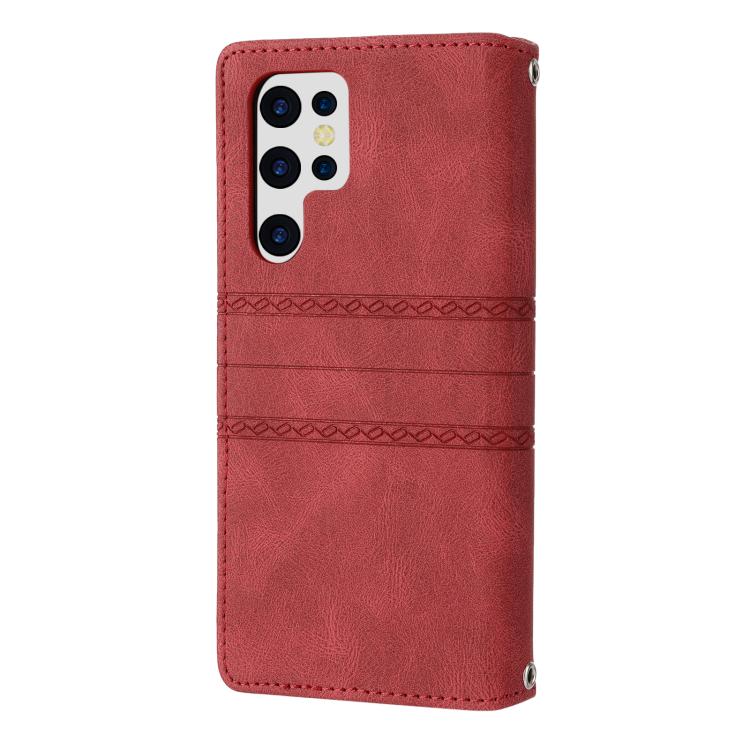 For Samsung Galaxy S26 Ultra 5G Embossed Stripes Skin Feel Leather Phone Case