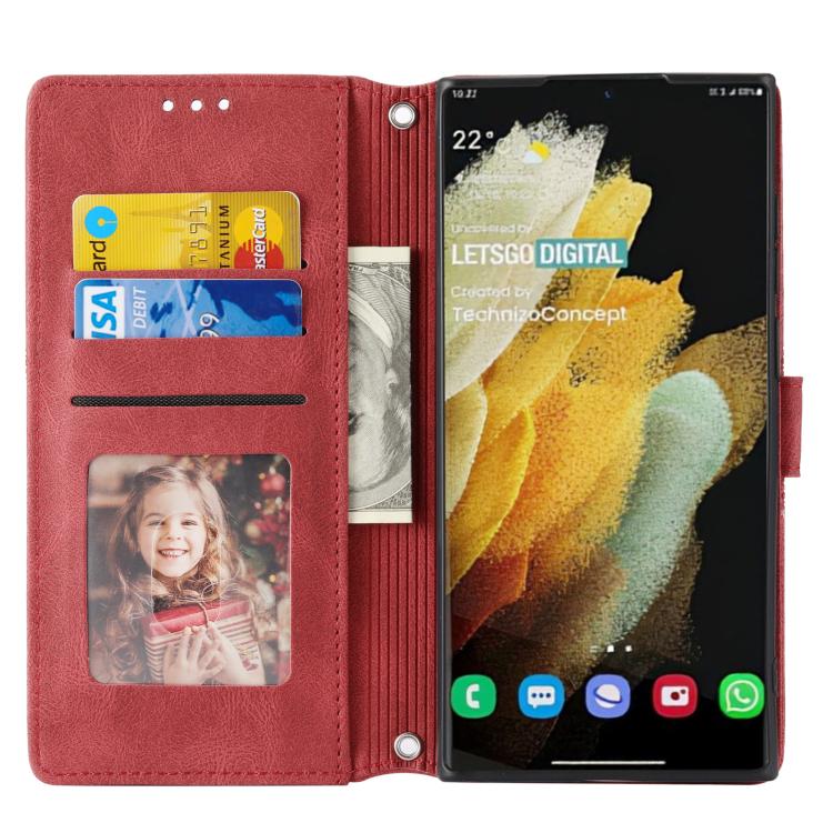 For Samsung Galaxy S26 Ultra 5G Embossed Stripes Skin Feel Leather Phone Case