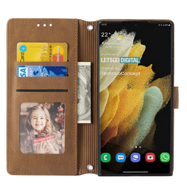 For Samsung Galaxy S26 Ultra 5G Embossed Stripes Skin Feel Leather Phone Case