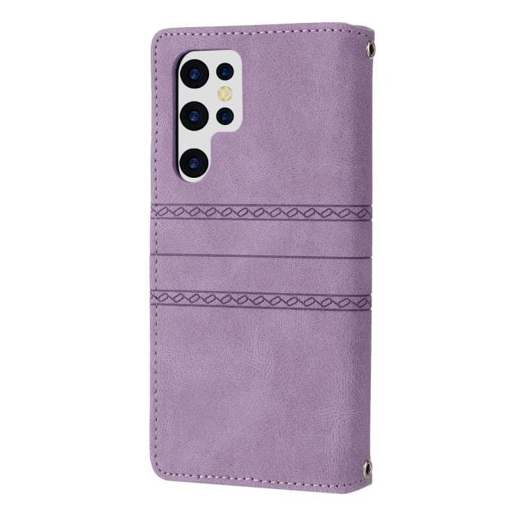 For Samsung Galaxy S26 Ultra 5G Embossed Stripes Skin Feel Leather Phone Case