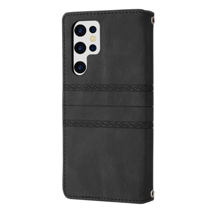 For Samsung Galaxy S26 Ultra 5G Embossed Stripes Skin Feel Leather Phone Case