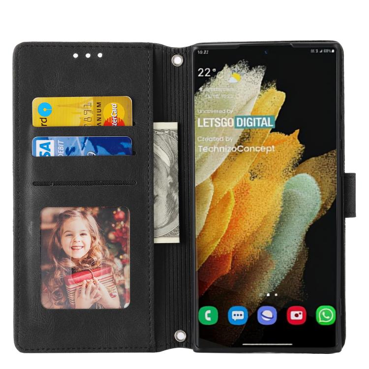 For Samsung Galaxy S26 Ultra 5G Embossed Stripes Skin Feel Leather Phone Case