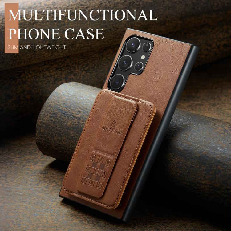 For Samsung Galaxy S25 Ultra 5G Fierre Shann FS-024 Oil Wax Cow Leather Card Holder Back Phone Case