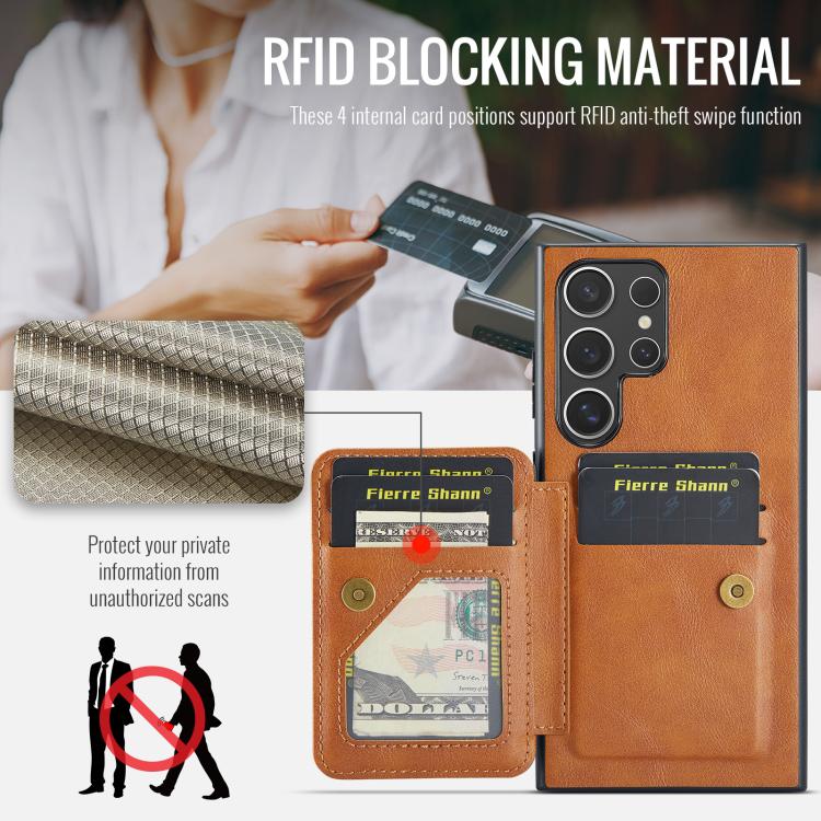 For Samsung Galaxy S25 Ultra 5G Fierre Shann FS-024 Oil Wax Cow Leather Card Holder Back Phone Case