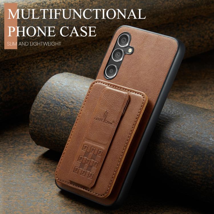 For Samsung Galaxy S25 5G Fierre Shann FS-024 Oil Wax Cow Leather Card Holder Back Phone Case