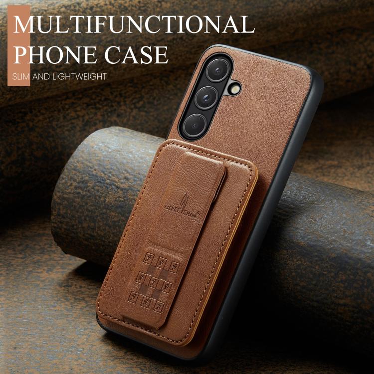 For Samsung Galaxy S26 5G Fierre Shann FS-024 Oil Wax Cow Leather Card Holder Back Phone Case