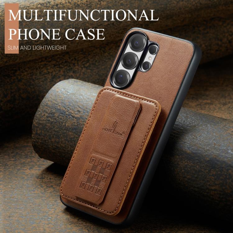 For Samsung Galaxy S26 Ultra 5G Fierre Shann FS-024 Oil Wax Cow Leather Card Holder Back Phone Case