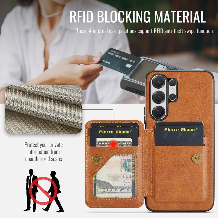 For Samsung Galaxy S26 Ultra 5G Fierre Shann FS-024 Oil Wax Cow Leather Card Holder Back Phone Case