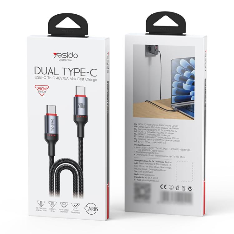 Yesido CA186 240W Type-C to Type-C Aluminum Alloy Data Cable, Length: 2m - Black