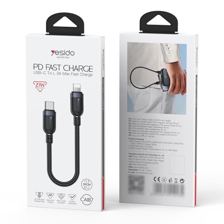 Yesido CA187 27W Type-C to 8 Pin Aluminum Alloy Data Cable, Length: 0.3m - Black