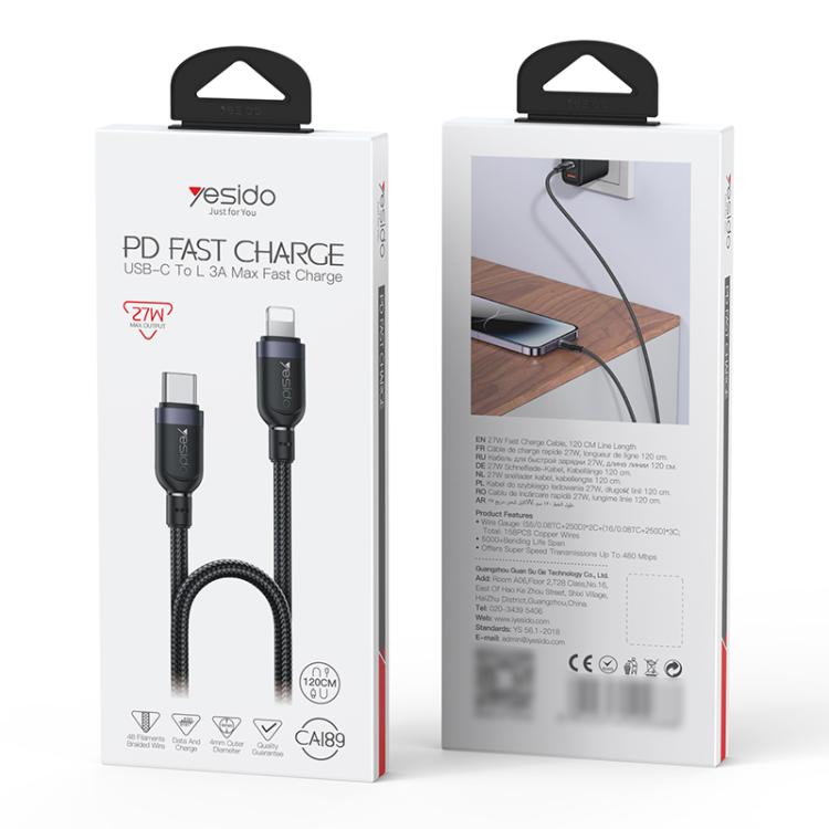 Yesido CA189 27W Type-C to 8 Pin Aluminum Alloy Data Cable, Length: 1.2m - Black