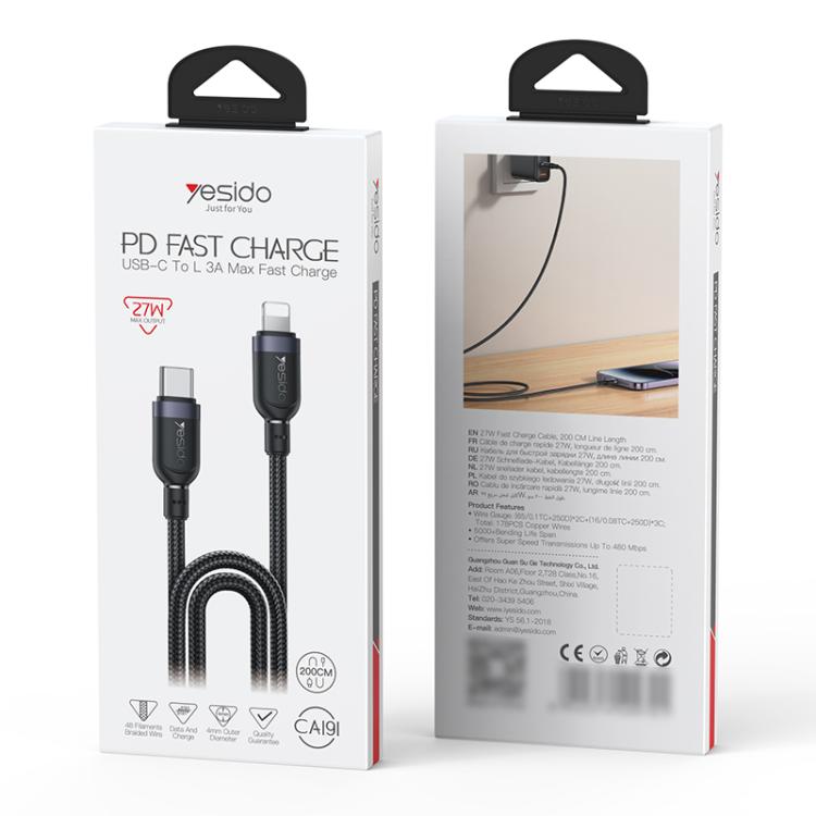 Yesido CA191 27W Type-C to 8 Pin Aluminum Alloy Data Cable, Length: 2m - Black