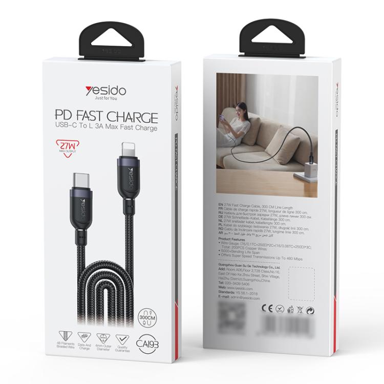 Yesido CA193 27W Type-C to 8 Pin Aluminum Alloy Data Cable, Length: 3m - Black