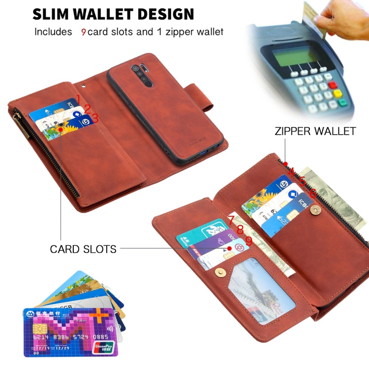 For Xiaomi Redmi 9 Skin Feel Detachable Magnetic Zipper Horizontal Flip PU Leather Case with Multi-Card Slots & Holder & Wallet & Photo Frame & Lanyard