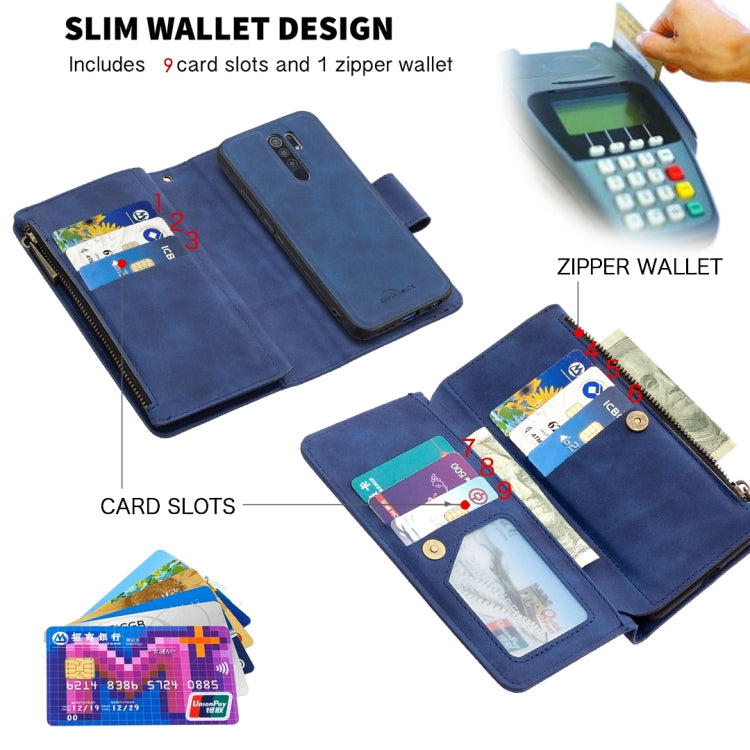 For Xiaomi Redmi 9 Skin Feel Detachable Magnetic Zipper Horizontal Flip PU Leather Case with Multi-Card Slots & Holder & Wallet & Photo Frame & Lanyard