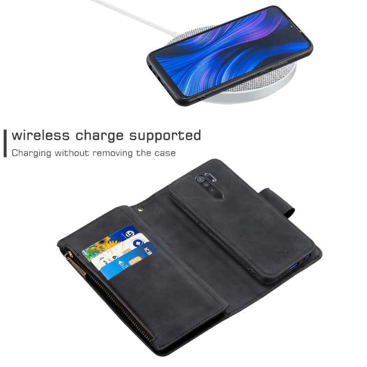 For Xiaomi Redmi 9 Skin Feel Detachable Magnetic Zipper Horizontal Flip PU Leather Case with Multi-Card Slots & Holder & Wallet & Photo Frame & Lanyard