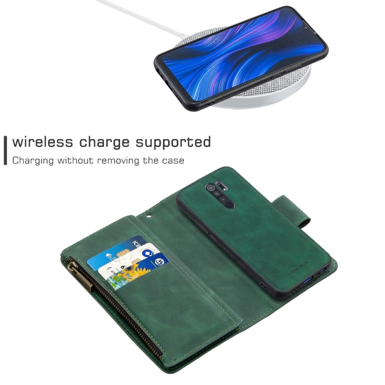 For Xiaomi Redmi 9 Skin Feel Detachable Magnetic Zipper Horizontal Flip PU Leather Case with Multi-Card Slots & Holder & Wallet & Photo Frame & Lanyard