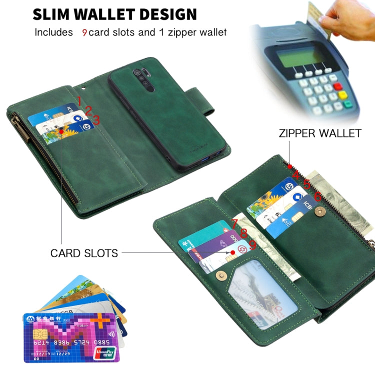 For Xiaomi Redmi 9 Skin Feel Detachable Magnetic Zipper Horizontal Flip PU Leather Case with Multi-Card Slots & Holder & Wallet & Photo Frame & Lanyard