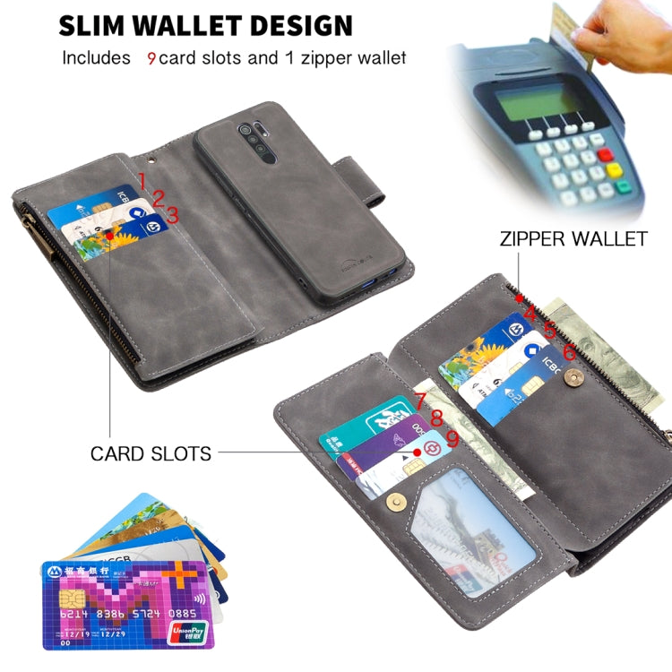 For Xiaomi Redmi 9 Skin Feel Detachable Magnetic Zipper Horizontal Flip PU Leather Case with Multi-Card Slots & Holder & Wallet & Photo Frame & Lanyard