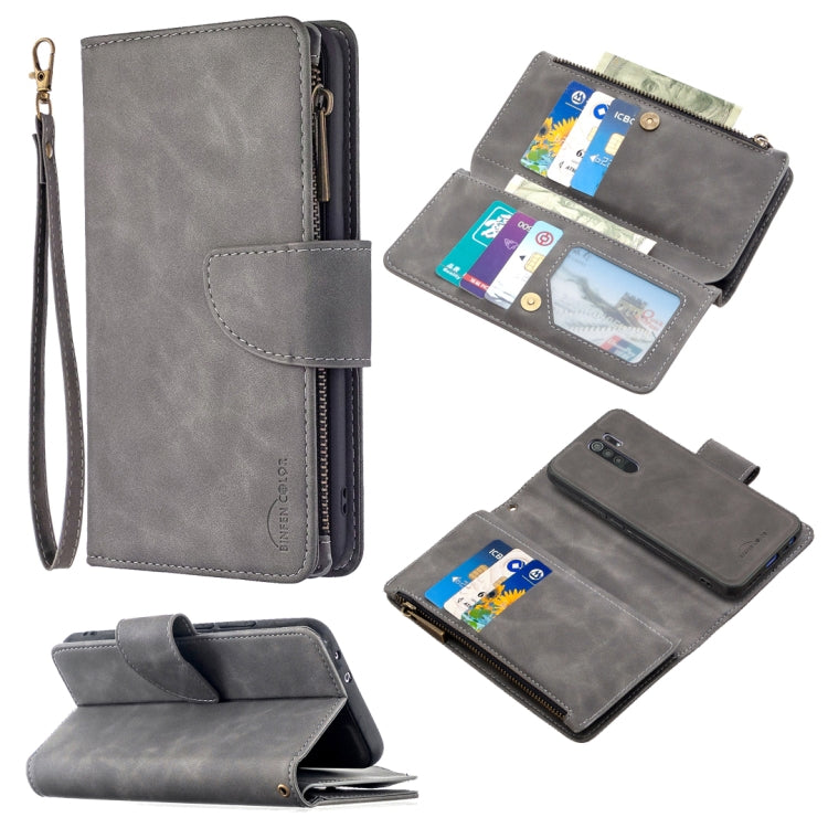For Xiaomi Redmi 9 Skin Feel Detachable Magnetic Zipper Horizontal Flip PU Leather Case with Multi-Card Slots & Holder & Wallet & Photo Frame & Lanyard