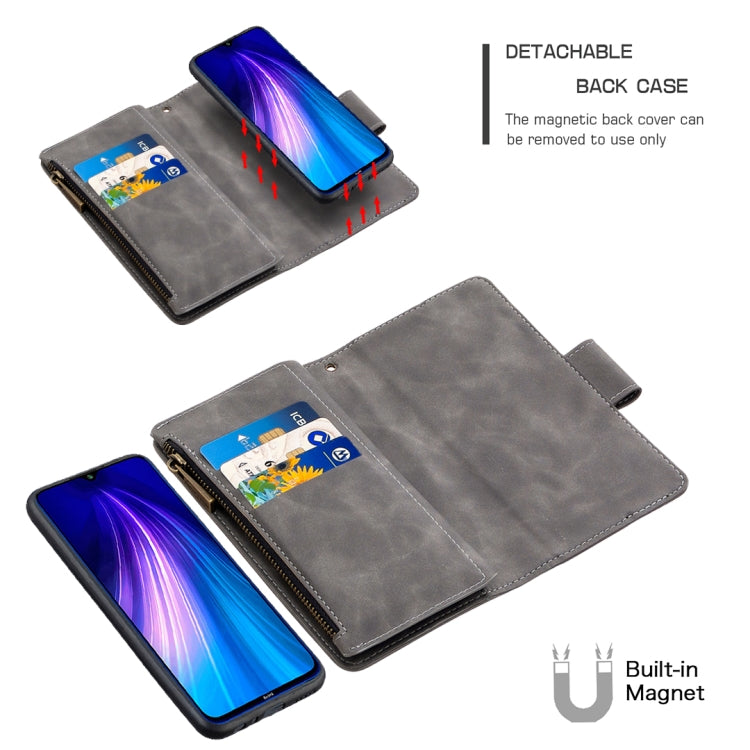 For Xiaomi Redmi Note 8T Skin Feel Detachable Magnetic Zipper Horizontal Flip PU Leather Case with Multi-Card Slots & Holder & Wallet & Photo Frame & Lanyard