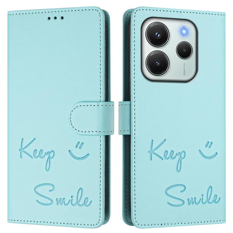 For Redmi Note 14 4G 164.84mm EU Version Smile Embossing RFID Leather Phone Case