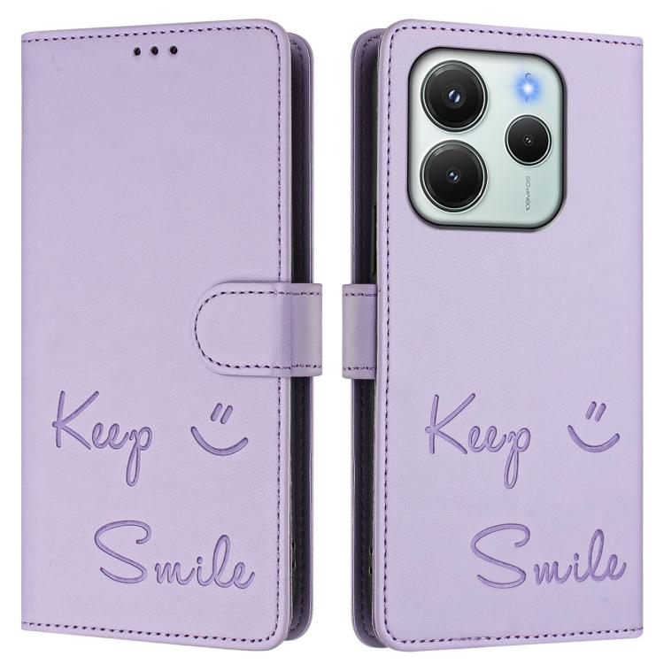 For Redmi Note 14 4G 164.84mm EU Version Smile Embossing RFID Leather Phone Case