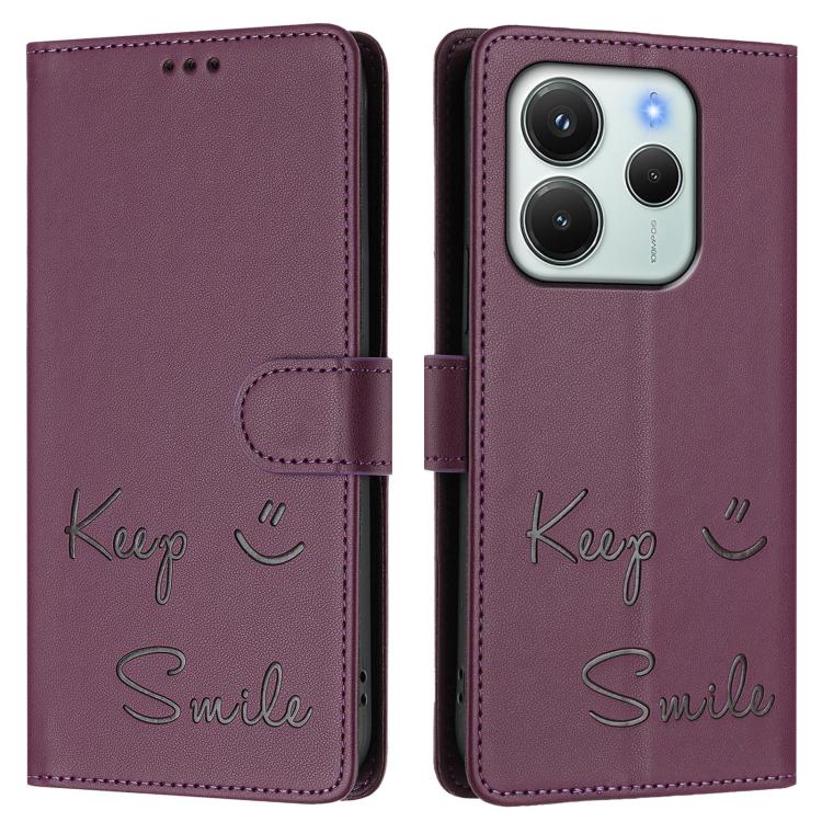 For Redmi Note 14 4G 164.84mm EU Version Smile Embossing RFID Leather Phone Case