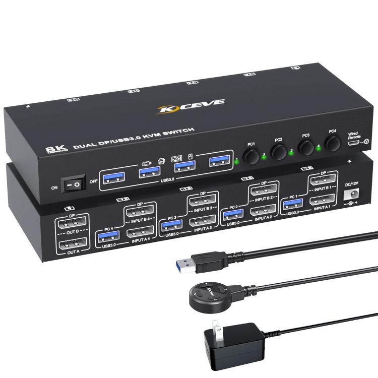 KC-KVM402DP 8K 30Hz 4 Input 2 Output DP / USB3.0 Dual Monitor KVM Switch, UK Plug