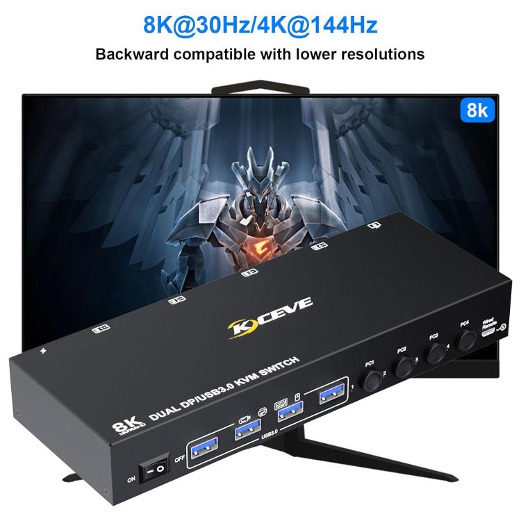 KC-KVM402DP 8K 30Hz 4 Input 2 Output DP / USB3.0 Dual Monitor KVM Switch, EU Plug