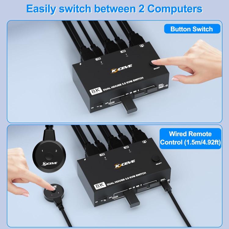KC-KVM8202 8K 60Hz USB3.0 / HDMI 2-Port Dual Monitor KVM Switch, US Plug