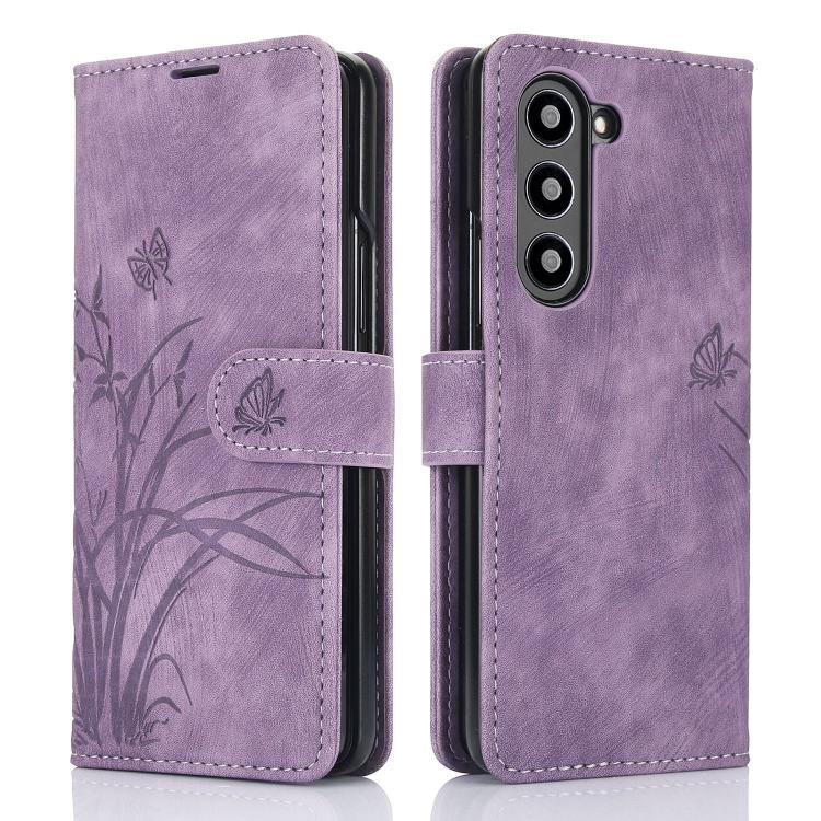 For Samsung Galaxy Z Fold6 Orchid Butterfly Embossed Leather Phone Case