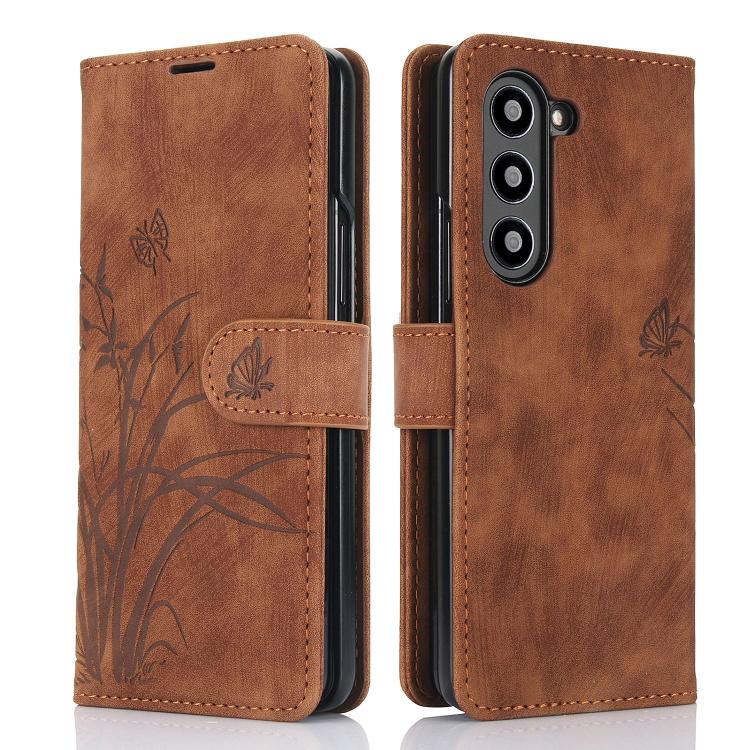 For Samsung Galaxy Z Fold6 Orchid Butterfly Embossed Leather Phone Case