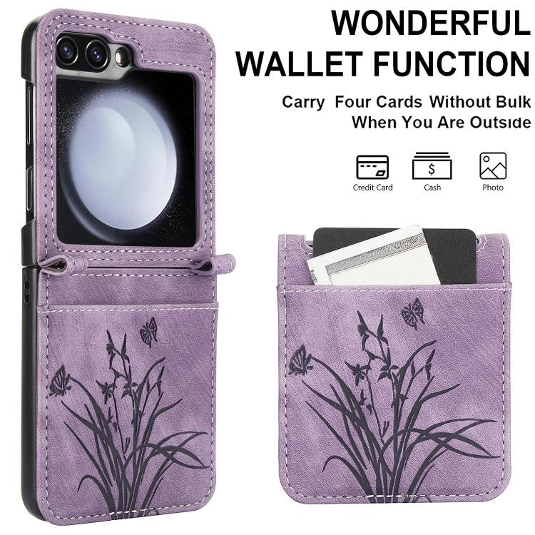 For Samsung Galaxy Z Flip6 / Flip7 FE Orchid Butterfly Embossed Leather Phone Case