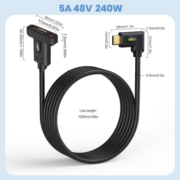 240W Type-C Male Elbow to Type-C Female Screw Fixed Panel Extension Cable with Ear, Length:0.3m