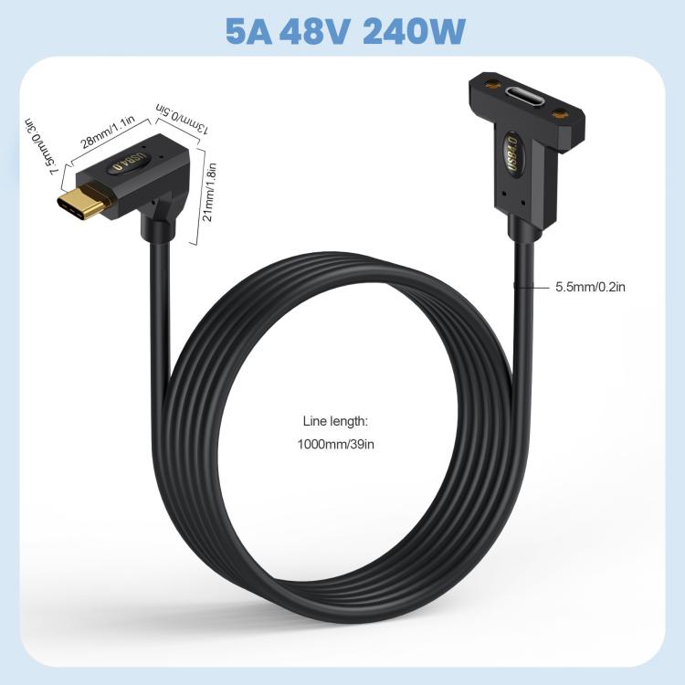 Type-C Straight Elbow to Type-C Female Screw Fixed Panel Extension Cable with Ear, Length:1m