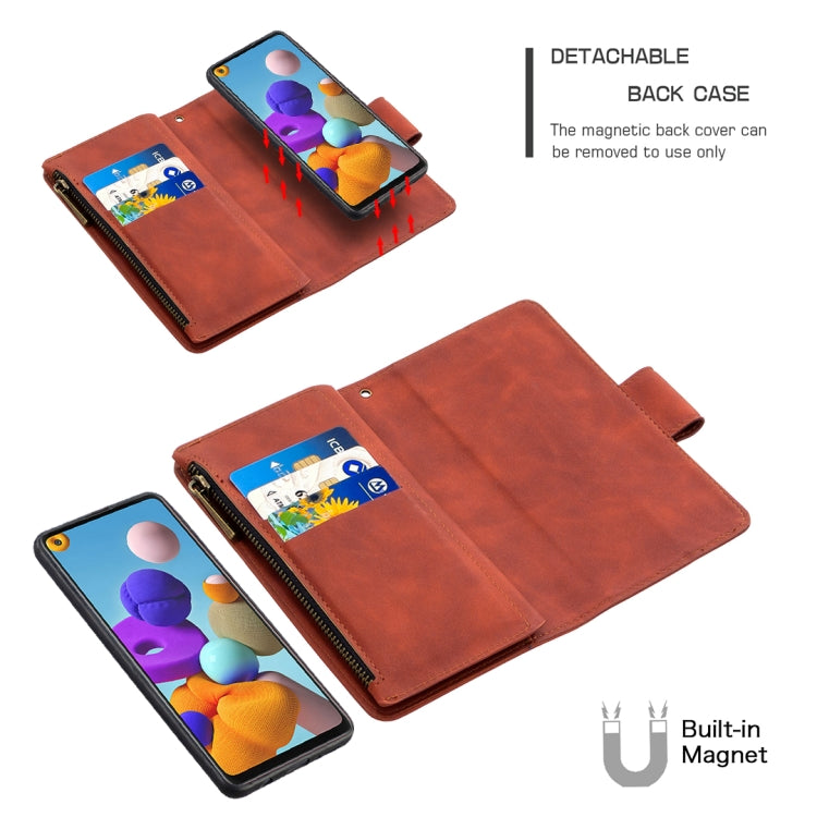 For Samsung Galaxy A21s Skin Feel Detachable Magnetic Zipper Horizontal Flip PU Leather Case with Multi-Card Slots & Holder & Wallet & Photo Frame & Lanyard
