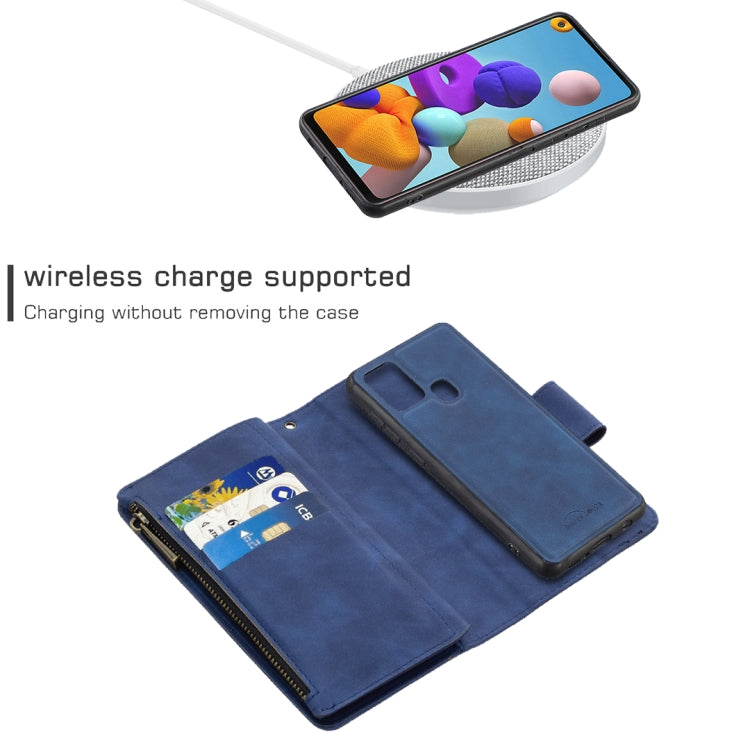 For Samsung Galaxy A21s Skin Feel Detachable Magnetic Zipper Horizontal Flip PU Leather Case with Multi-Card Slots & Holder & Wallet & Photo Frame & Lanyard