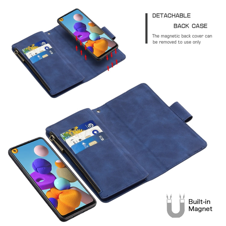 For Samsung Galaxy A21s Skin Feel Detachable Magnetic Zipper Horizontal Flip PU Leather Case with Multi-Card Slots & Holder & Wallet & Photo Frame & Lanyard
