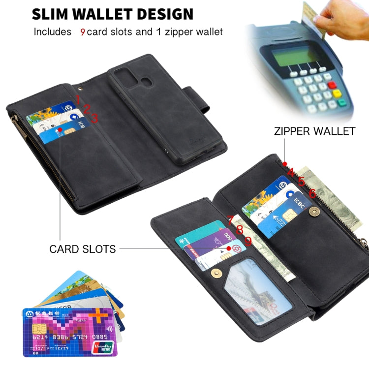 For Samsung Galaxy A21s Skin Feel Detachable Magnetic Zipper Horizontal Flip PU Leather Case with Multi-Card Slots & Holder & Wallet & Photo Frame & Lanyard