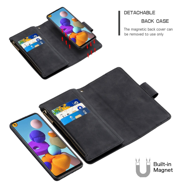 For Samsung Galaxy A21s Skin Feel Detachable Magnetic Zipper Horizontal Flip PU Leather Case with Multi-Card Slots & Holder & Wallet & Photo Frame & Lanyard