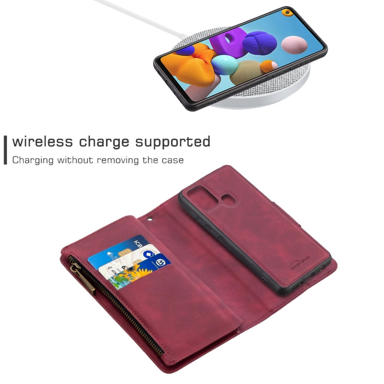 For Samsung Galaxy A21s Skin Feel Detachable Magnetic Zipper Horizontal Flip PU Leather Case with Multi-Card Slots & Holder & Wallet & Photo Frame & Lanyard