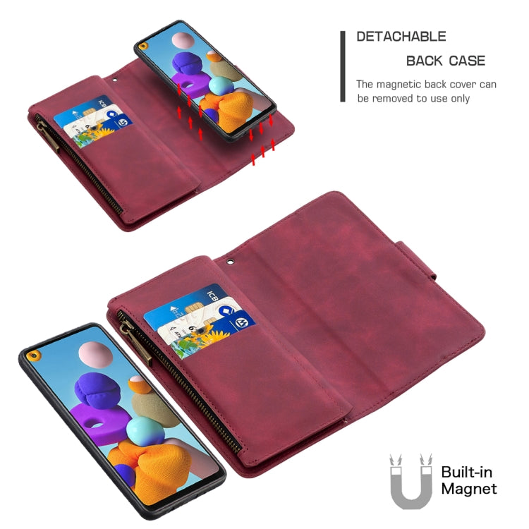For Samsung Galaxy A21s Skin Feel Detachable Magnetic Zipper Horizontal Flip PU Leather Case with Multi-Card Slots & Holder & Wallet & Photo Frame & Lanyard